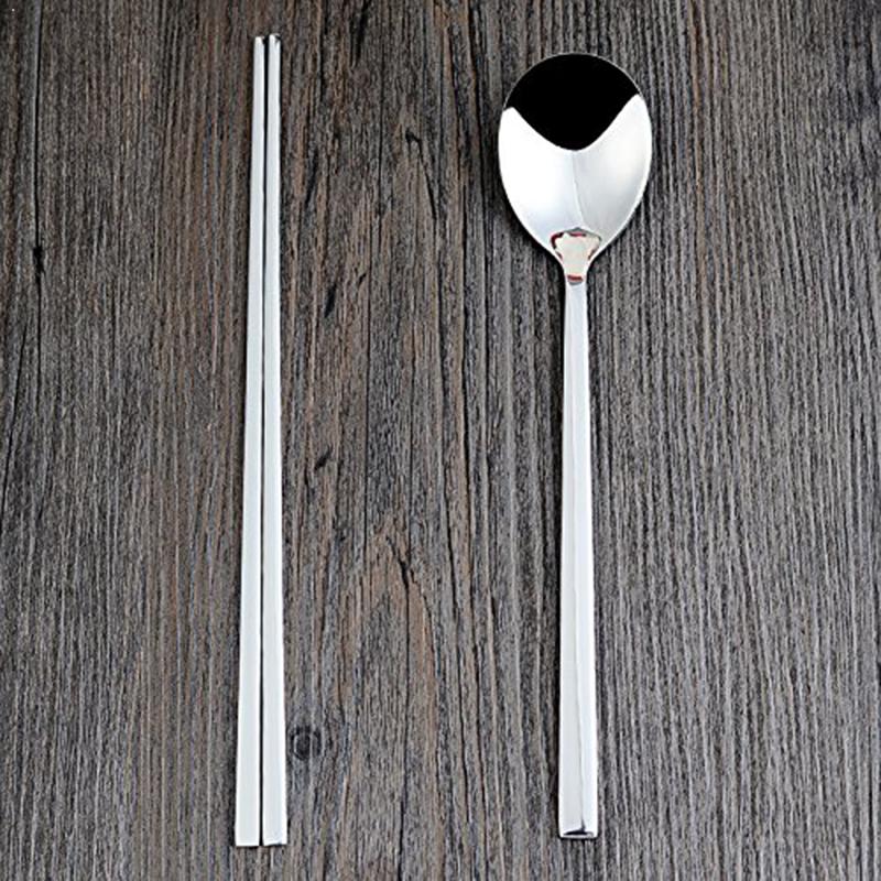 Chinese Stijl Platte Metalen Eetstokjes Antislip Sticks Lepel Herbruikbare Set Staal Met Voedsel Eetstokjes