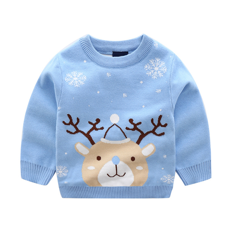 Jul børn baby piger drenge langærmede elg sne toppe trøje jule strikning bomuld 100%  outwear småbørn børn tøj 2-8y: Himmelblå / 7-8y