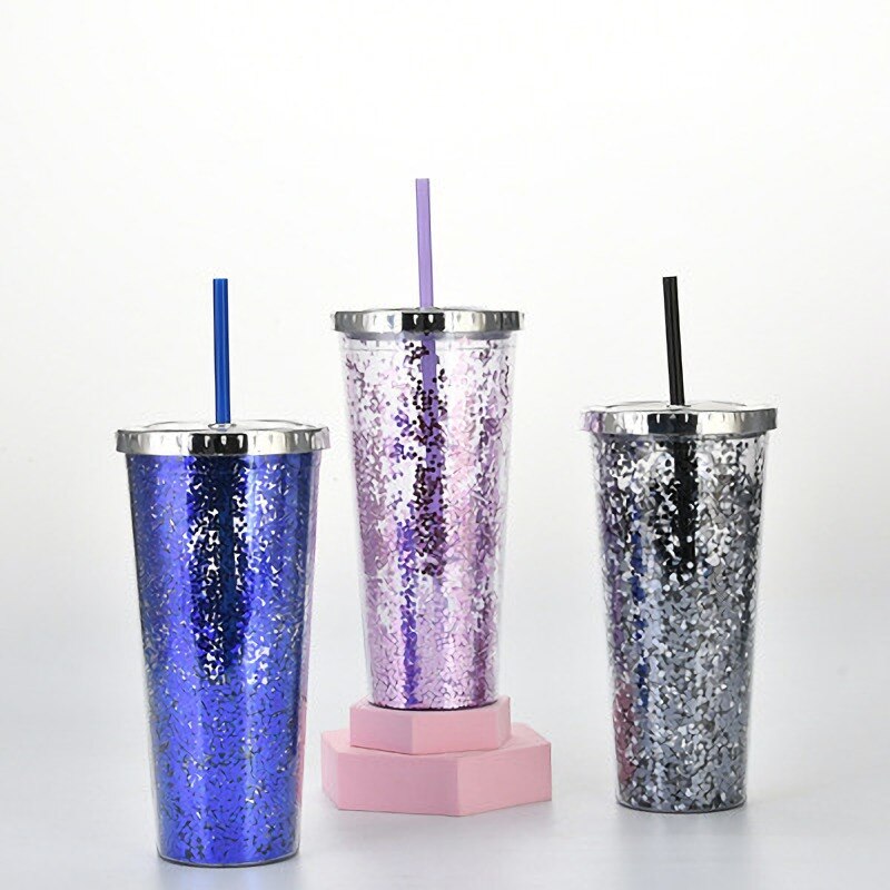 Color Sequins Tumblers Cup Straw Cold Cup with Lid Cups with Lids and Straws Mug Plastic Straight Cup Water Cups