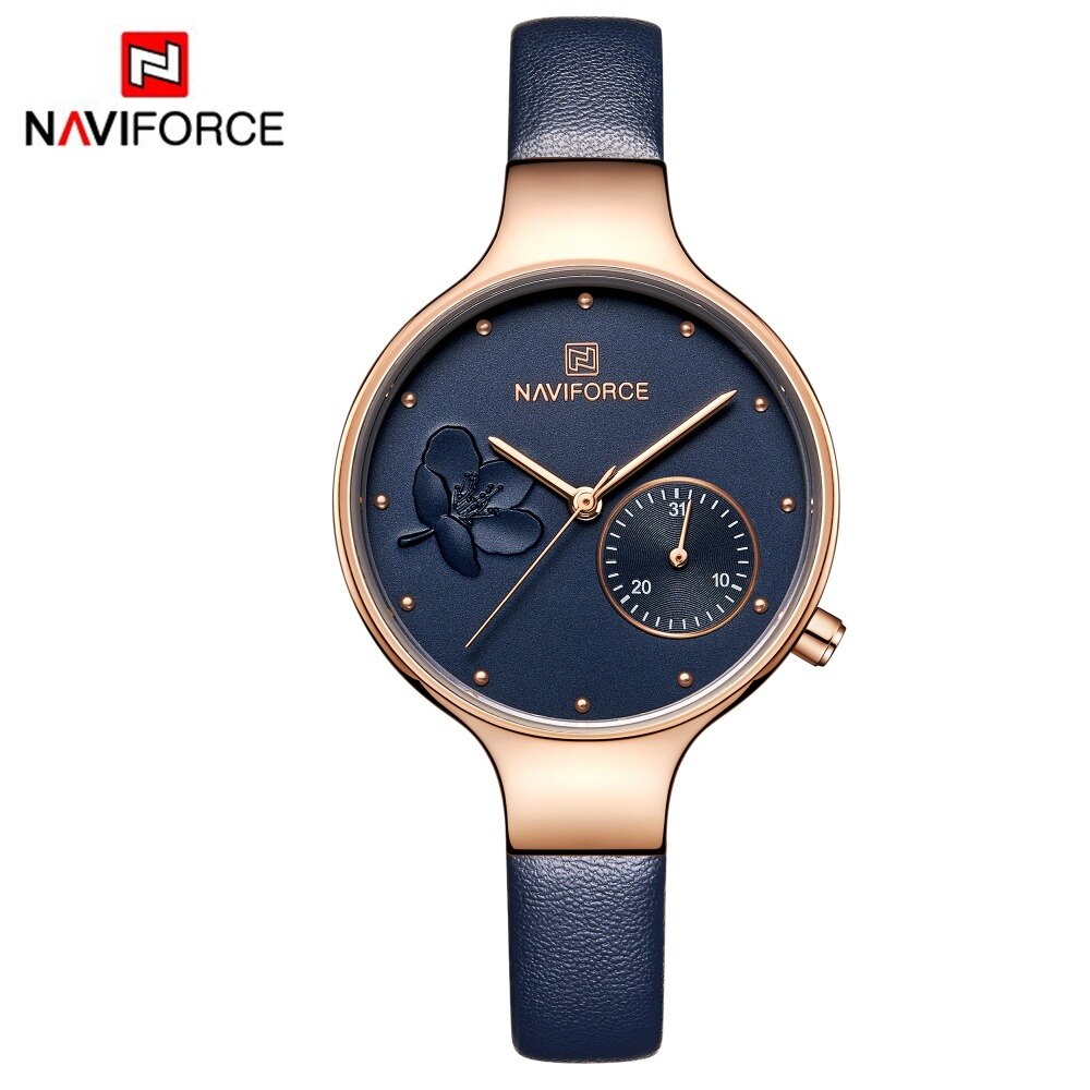 Naviforce Vrouwen Mode Blue Quartz Horloge Lady Lederen Horlogeband Casual Waterdicht Horloge Voor Vrouw