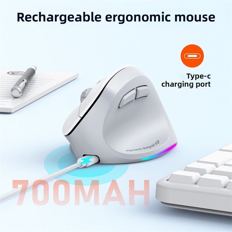 Meetion Mishen Left-Handed Ergonomic Vertical Wireless Mouse Black Light Version Rechargeable Btm010 DPI 2400: WHITE