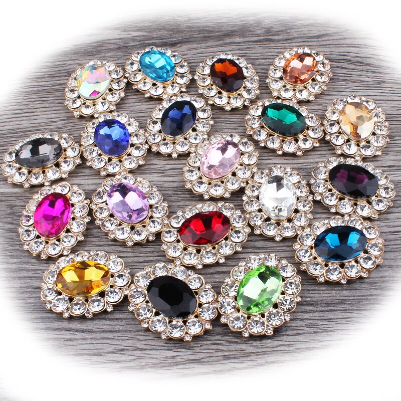 10 stk/parti 25mm*31mm diamantknapper i gyllen legering flatback dekorasjoner akryl rhinestone knapp gjør-det-selv bryllup tilbehør: kjedelig farge