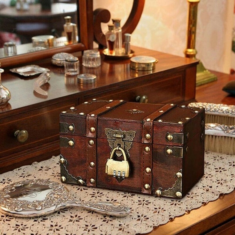 Retro Treasure Chest Wooden Jewelry Trinket Storage Box Case Holder With Lock