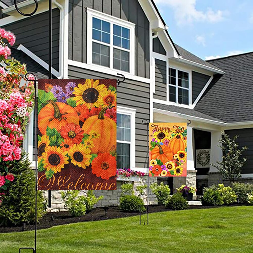 2pcs Autumn Welcome Yard Signs Garden Flags Pumpkins Sunflowers Decor Banners Farmhouse Seasonal Outdoor Yard Decorative Flags