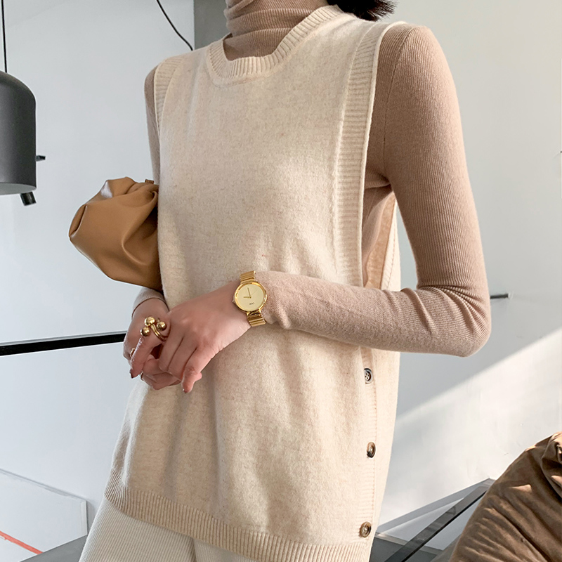 Lhzsyy - chaleco de cuello redondo para mujer, de lana pura, holgado, para exteriores, de punto, sin mangas, de cachemira, para primavera y otoño: Beige / Metro