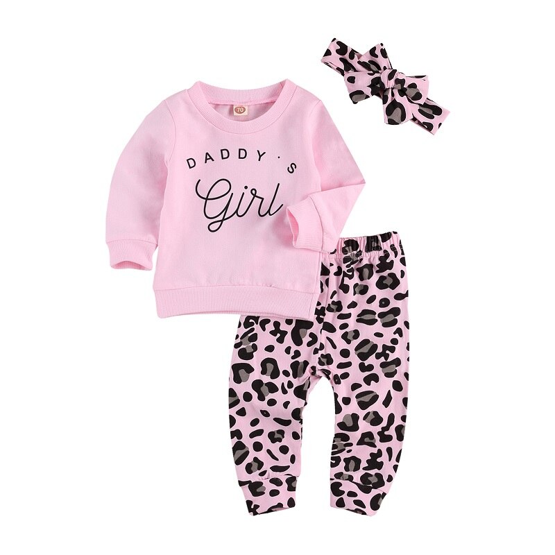 Spædbarn børn baby piger 3 stk outfit sæt langærmet brev t-shirt leopard bukser pandebånd forår efterår tøj: Lyserød / 24m