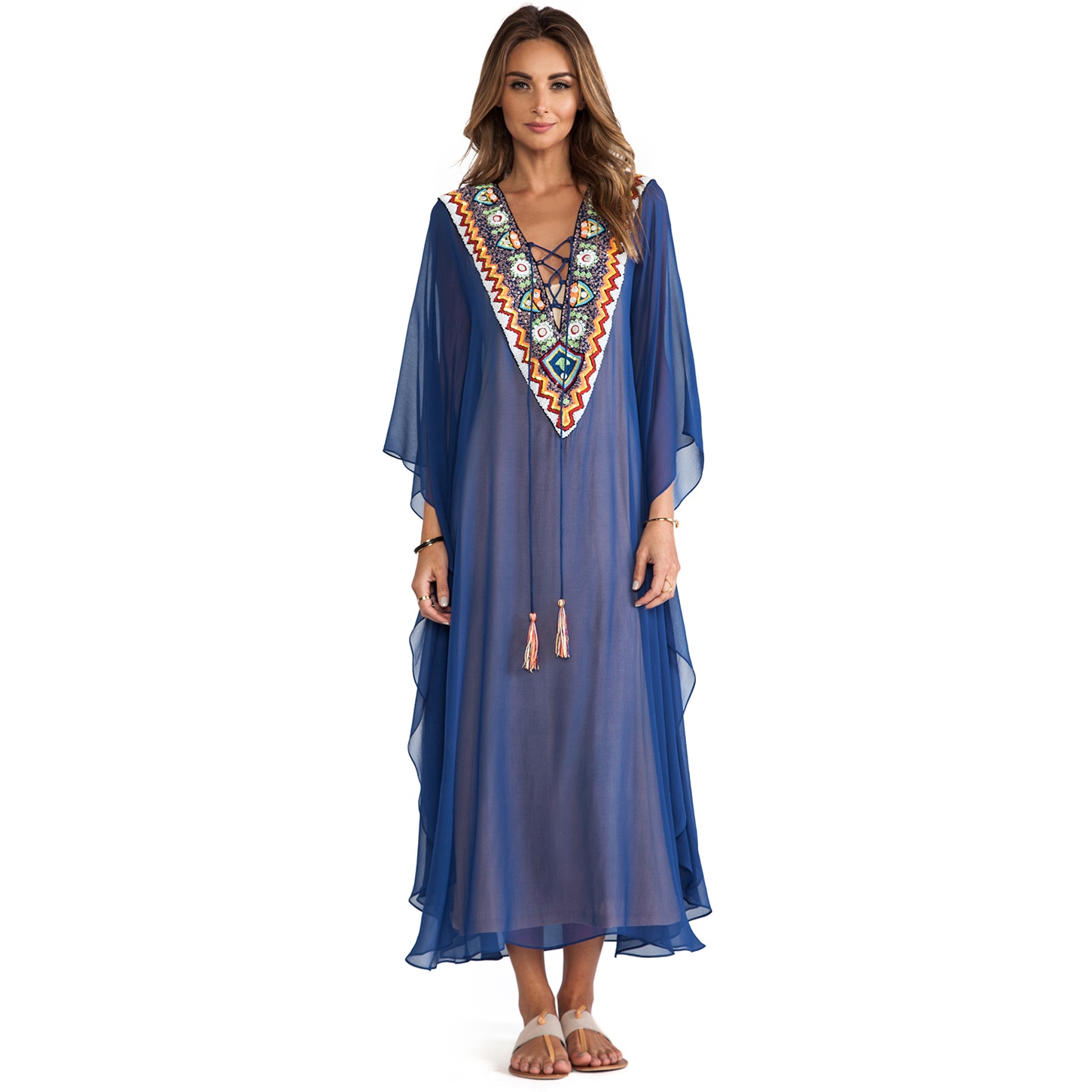 Plus size blauwe geborduurde zomer strandkleding chiffon kaftan strand vrouw tuniek badjurk badjas strand badkleding cover-up  #q975