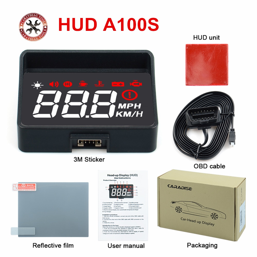 Auto Snelheidsmeter HUD A100S Monitor OBD2 Rijden Computer Over-speed Alarm Voltage Voorruit Projector