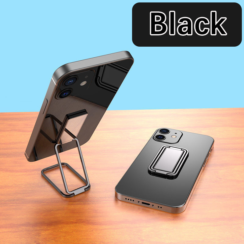 2022 metal zink legering mobiltelefon holder til tablet firkantet folde dobbelt finger ring beslag doven enkelhed praktisk stander: Sort