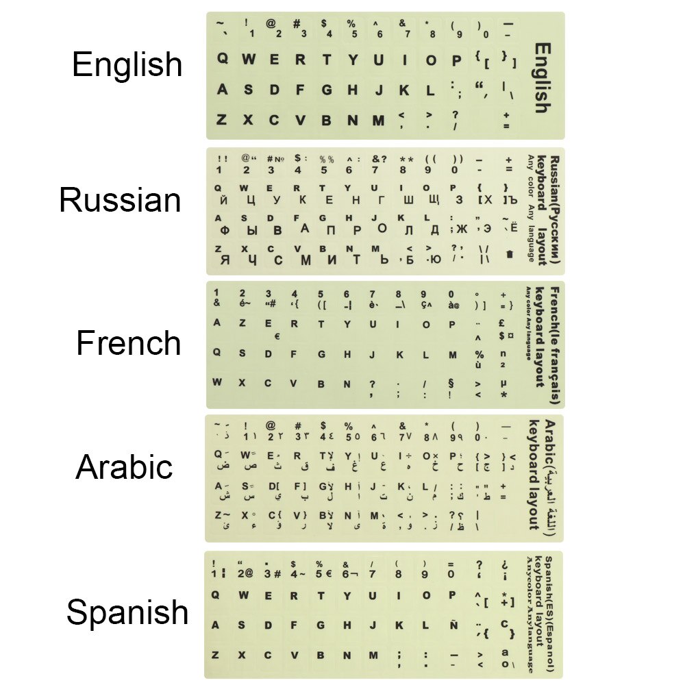 Neue Leucht Tastatur Aufkleber Spanisch/Englisch/Russisch/Arabisch/Französisch Sprache knapp Schutzhülle Film Alphabet Geschmack Layout