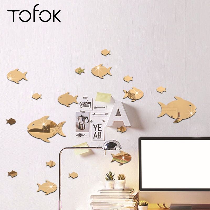 Tofok akryl boble fisk speil overflate vegg klistremerke sjø fisk lim sliver gull barnerom barnehage speil veggmalerier dekaler forsyning