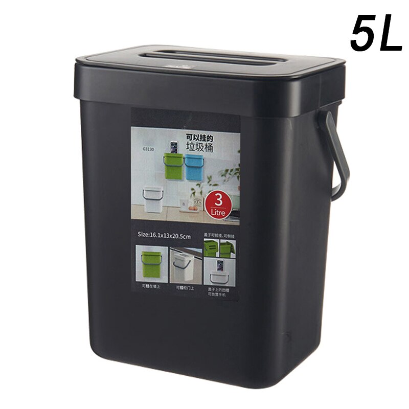 Poubelle à suspendre pour cuisine, maison, chambre à coucher, salle de bains, poubelle murale en plastique, carrée, TN99: Black 5L