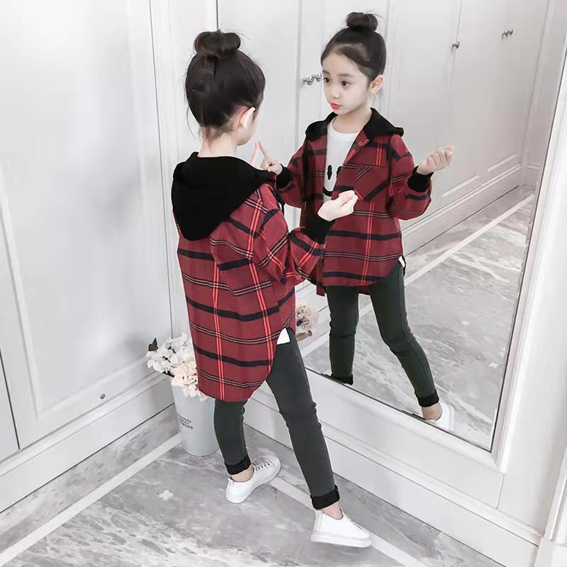 Hot 2022 bambini camicetta ragazza cotone verde/rosso camicie a quadri per adolescenti primavera autunno moda giacca Cardigan con cappuccio 3-13 anni: Black / Size 120