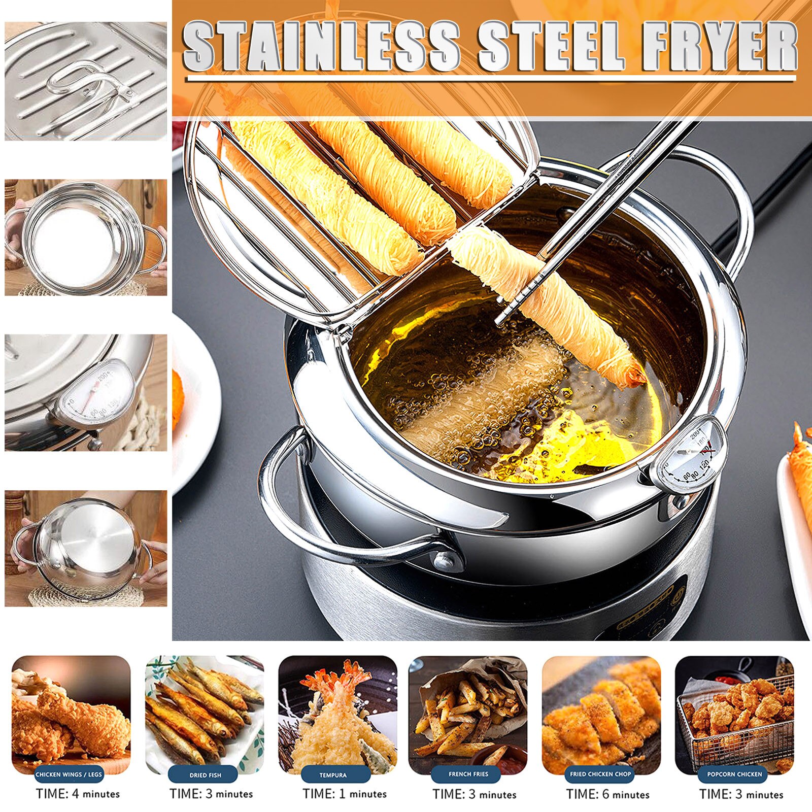Household 304 stainless steel tempura fryer with strainer, temperature control 24CM diameter, optimal kitchen essential F4: Default Title