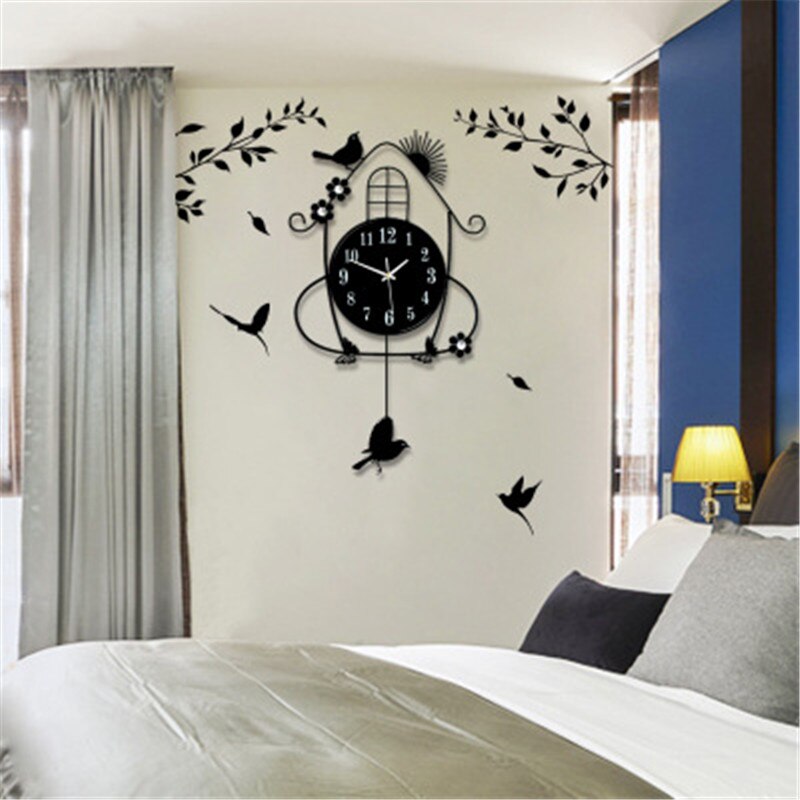 Pendulum Light in the Dark Wall Clock Modern Living Room Luminous Bird Metal 3D DIY Stickers Pared Con Pendulo Home Decor: Stickers black001