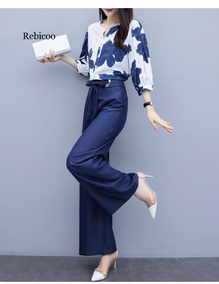 Primavera verão chiffon floral impressão de duas peças define mulheres blusas e calças largas perna ternos elegante moda escritório senhoras outfits