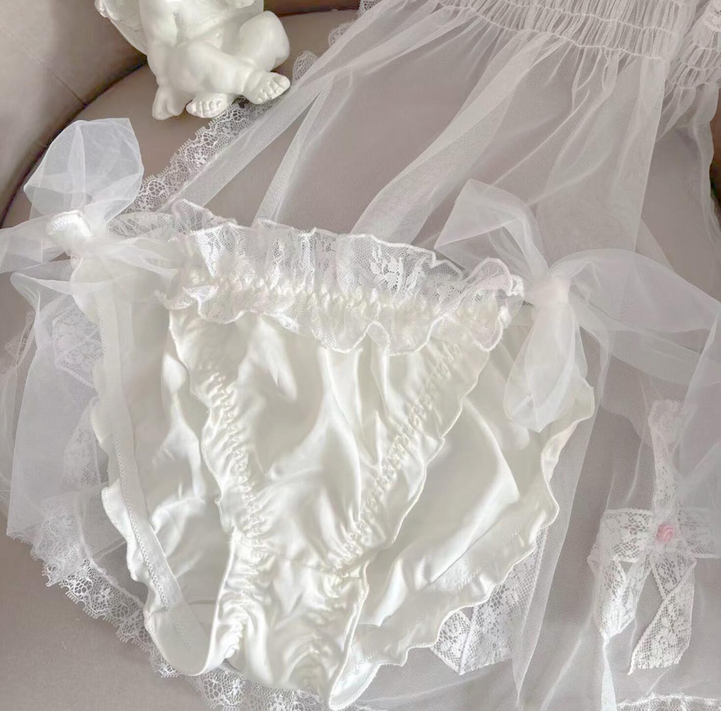 Bragas sexys de Lolita Kawaii, ropa interior de satén sedoso con encaje y volantes laterales, , M, L, XL,