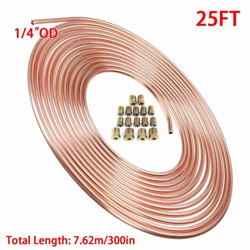 Kit de tubería de freno de níquel y cobre, 1/4 pulgadas OD, 25 pies, Rollo de tubo de bobina y 16 piezas, accesorios de tuerca de tubo