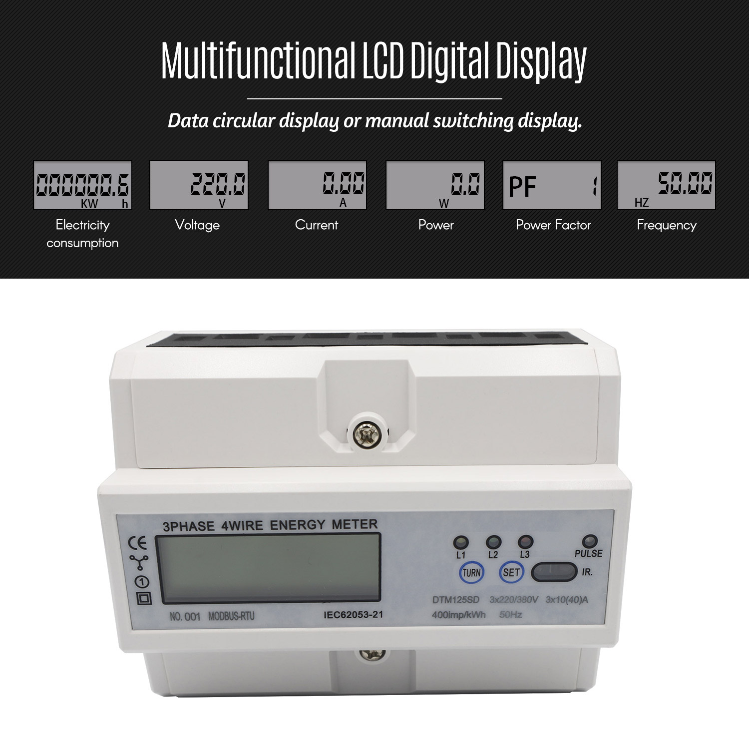 Wattmeter 3 Phase 4 Wire Electric LCD Display Digital Energy Meter Calibrated For DIN Rail Power Meters