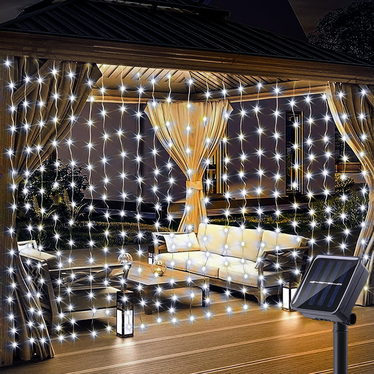 1 paquete de 300 luces LED de cortina solar para exteriores, 8 modos, luces de hadas, IP44 impermeable, decoración navideña de pared de jardín 9,8 pies x 9,8 pies: Blanco / 350 W