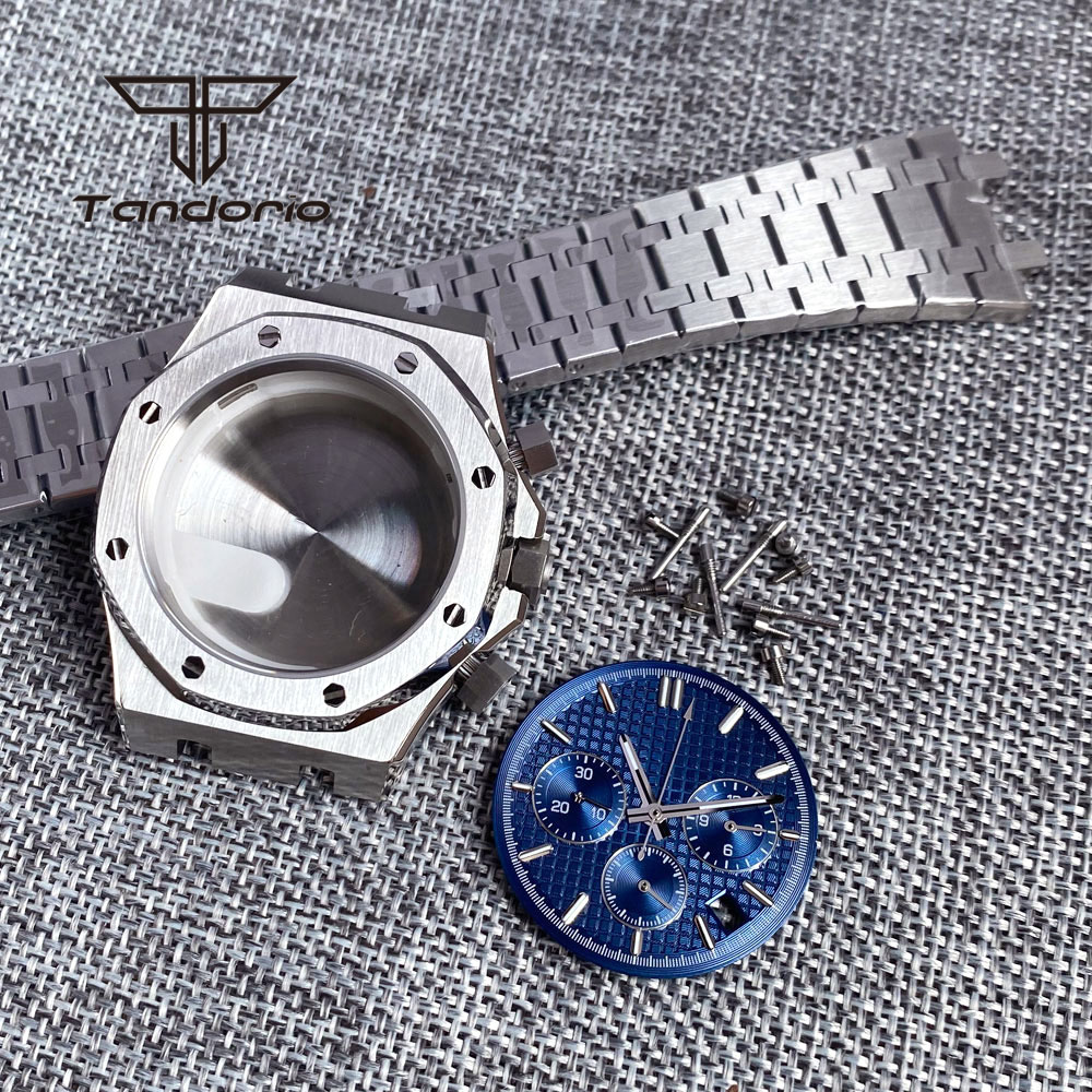 Roestvrijstalen Geborsteld 42Mm Horlogekast Armband Achtkant Bezel Saffier Crystal Fit Vk63 Vk64 Chronograaf Quartz Uurwerk: Messing