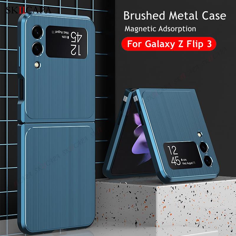 Magnetische handyhülle aus gebürstetem metall für samsung z kippen 3 5g rahmen aus aluminiumlegierung, hartschalen-schutzhülle mit schnalle für Galaxis z kippen 3 5g -f711b
