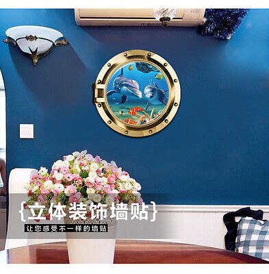 3D submarine window sea wall sticker decals ocean fishes undersea wallpaper kids home livingroom bedroom bathroom decor
