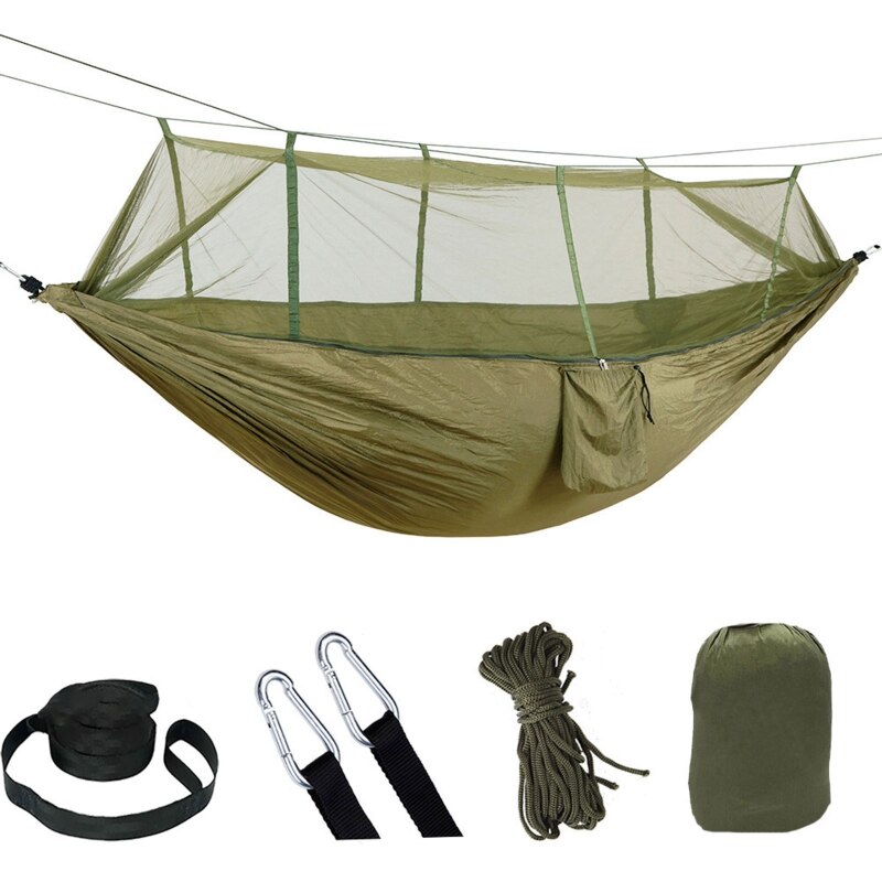 Mosquito Net Hammock Set Lightweigh Swing Hammocks Hanging Parachute for 2 Person Outdoor Camping Rest Pop-up Tree: Army Green