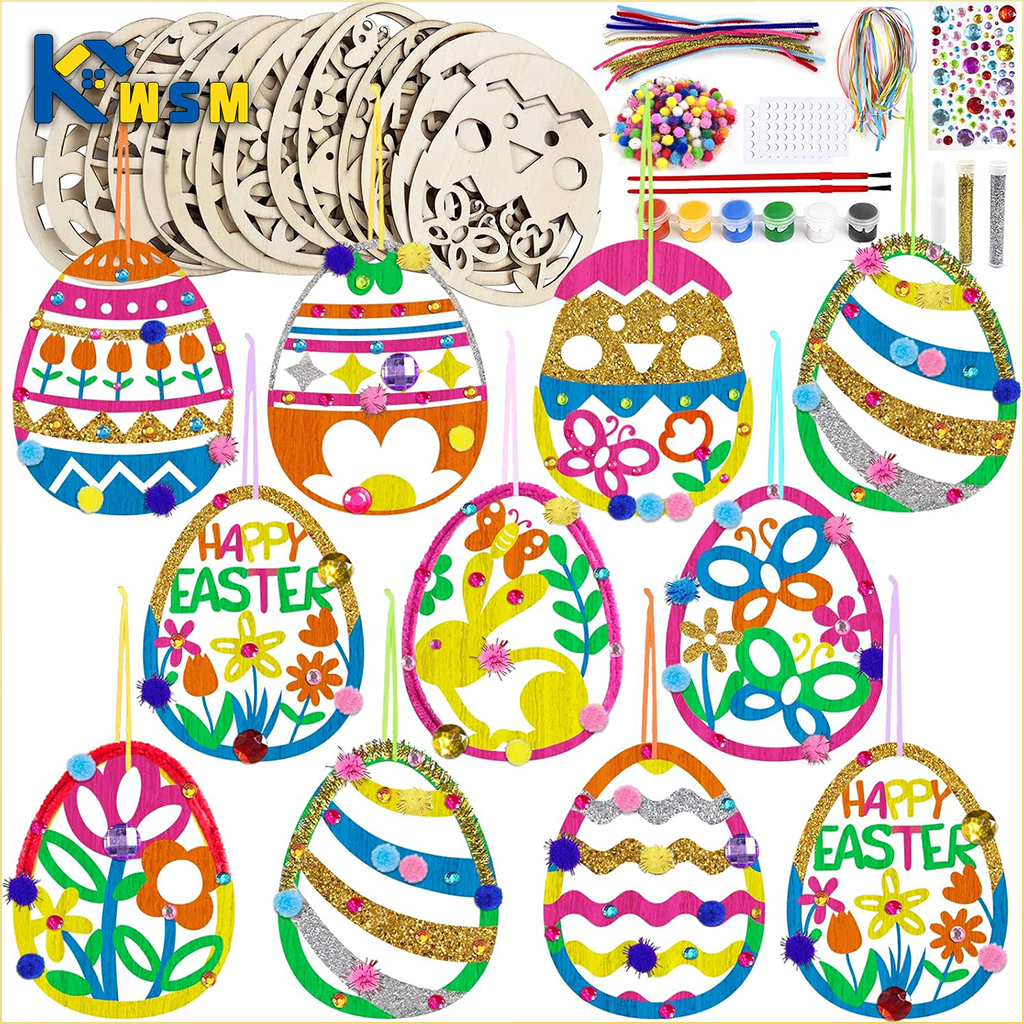 DIY Wooden Easter Egg Craft Kit Includes Unfinished Painted Egg Wall Hanging with Floral and Jagged Patterns Easter Decorations