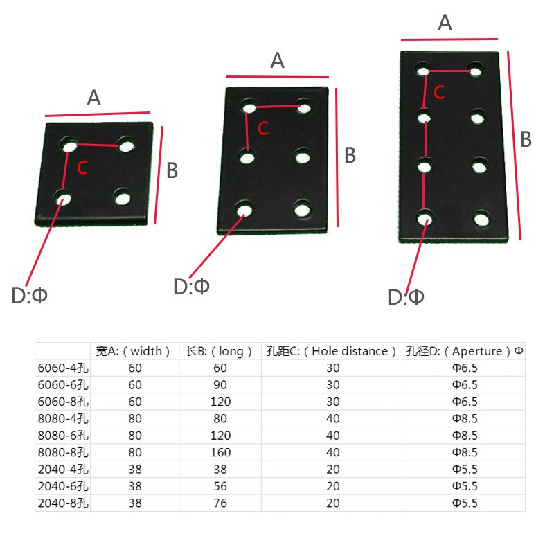 1pc sorte strimler plade aluminium konnektor fastgørelse 3030 4040 6060 8080 2/3/ 4 huller vinkel konnektor aluminium monterings plade
