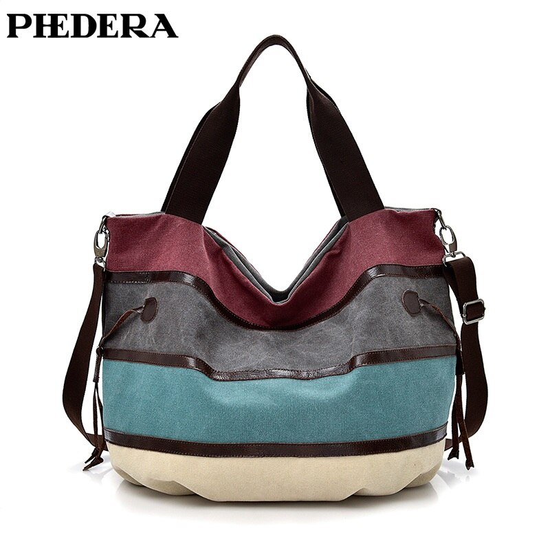 PHEDERA Patchwork Canvas Vrouwen Schoudertassen Regenboog Roze en Blauw Gestreepte Vrouwelijke Portemonnee Mode Vrouwen Messenger Bag: Blue Patchwork