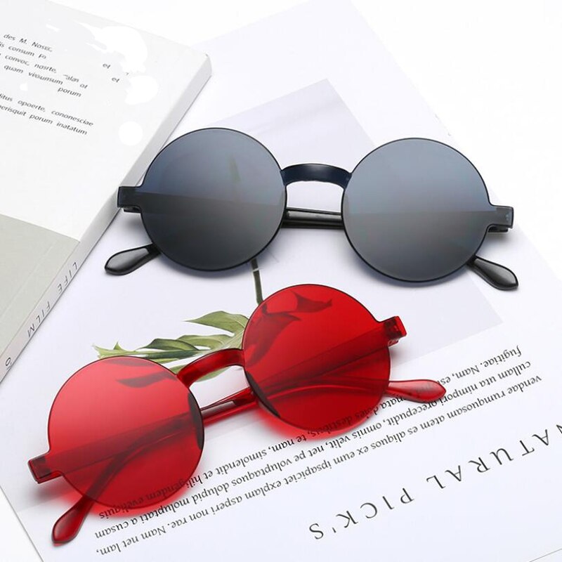 Candykleurige ronde zonnebril voor dames, vintage randloos, rood, geel, eendelige lens, trendy zonnebril voor heren en dames