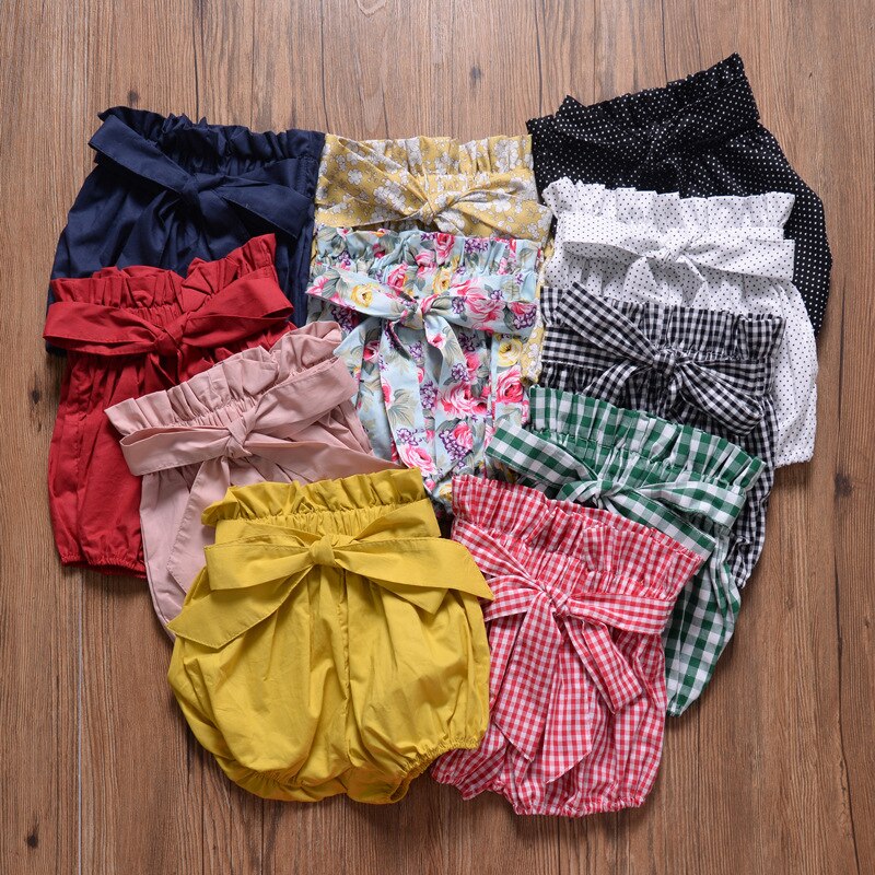 Pantalones cortos con volantes y lazo para niñas, Shorts con estampado Floral a cuadros, cintura elástica, PP, de verano, europeos y americanos