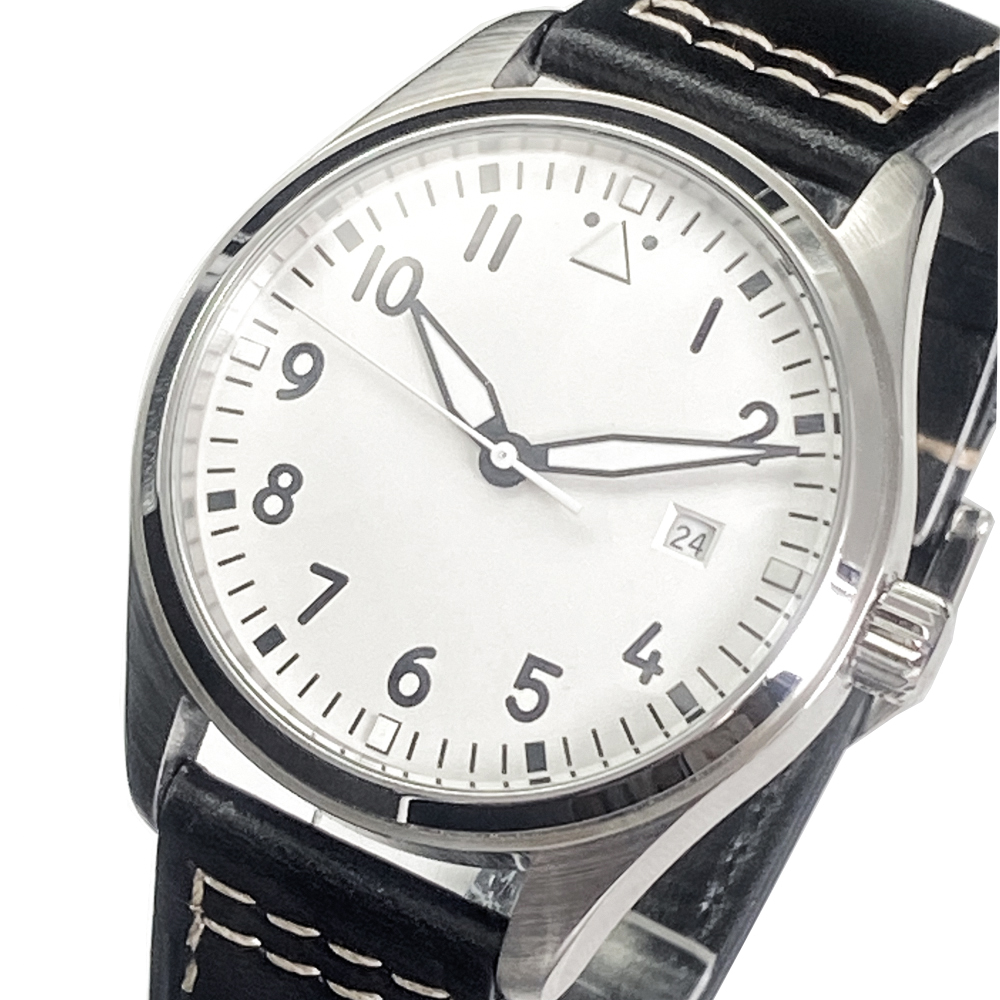 Eenvoudige Leisure Sport Lederen Horloge 40.5Mm Witte Wijzerplaat Zwarte Digitale Automatische Mannen Horloge Nachtlampje Pilot Horloge