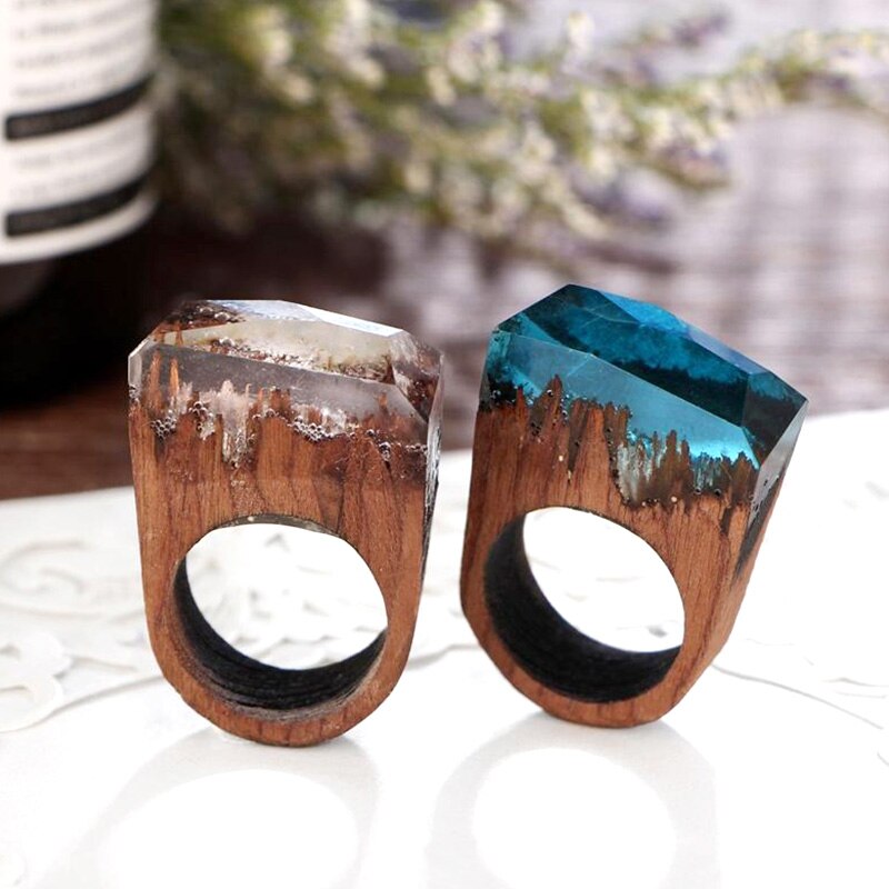 Mode Sky Blue Resin Houten Bos Ringen Creatieve Handgemaakte Ringen Voor Vrouwen Mode-sieraden