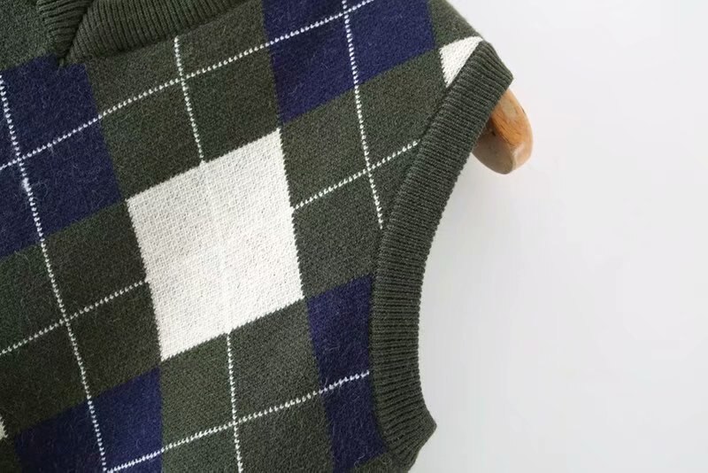 Kvinder strikket tartan tank sweater ærmeløs grøn hvid patchwork pull femme plaid v hals trøjer