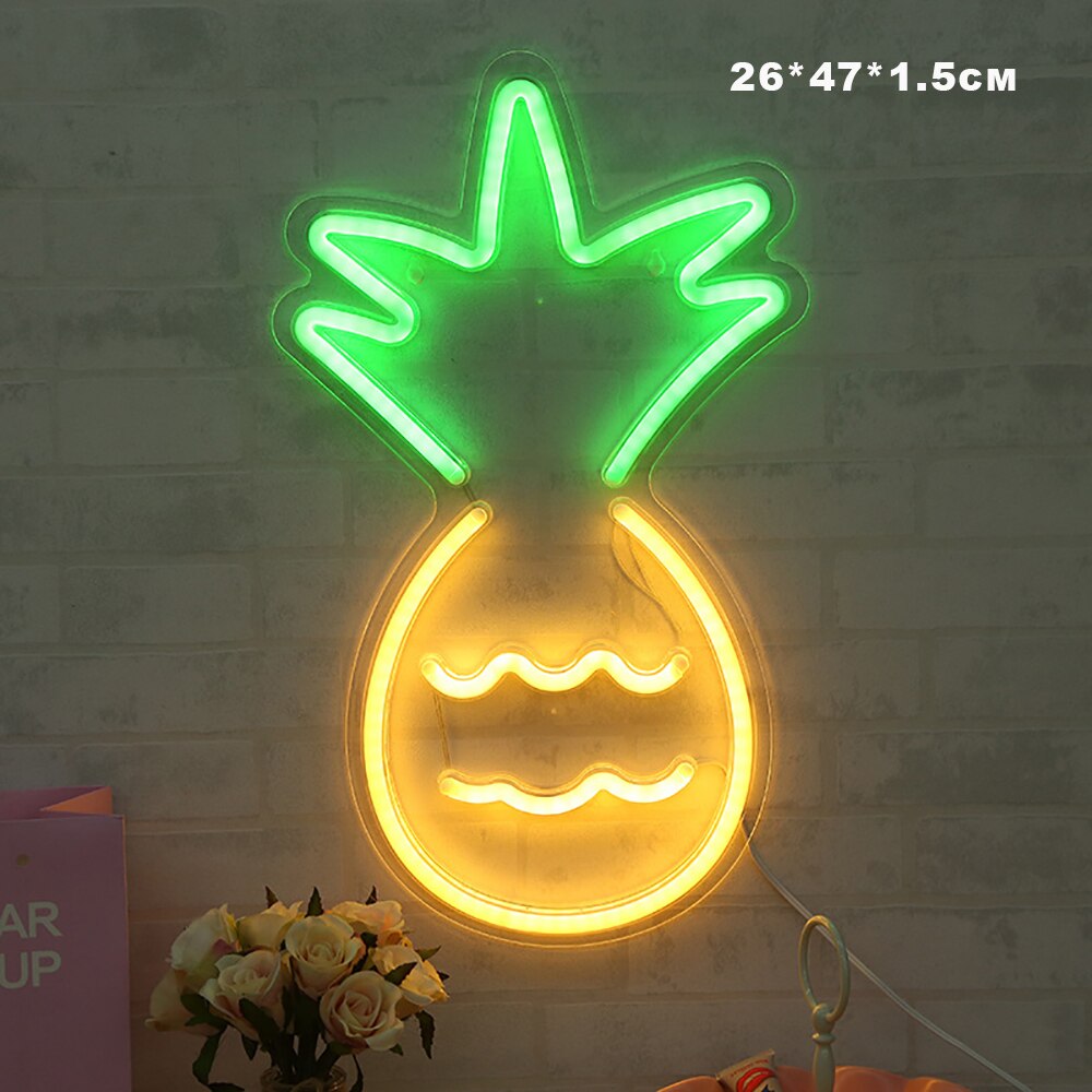 Noche luz USB Banana Cactus ananá Coco árbol amor helado Hola Rose Led Backplane luces de neón para decoración de dormitorio: Pineapple