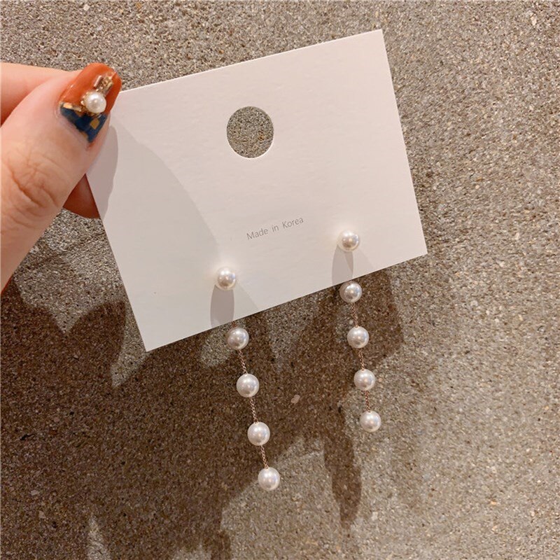 Pendientes largos de perlas de imitación para mujer, pendientes colgantes de perla redonda blanca para boda, joyería de coreana