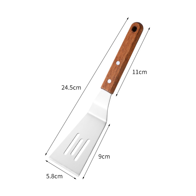 Spatule de cuisson avec manche en bois en acier inoxydable, pelle à frire pour Steak et crêpes, grattoir Teppanyaki, outil de Barbecue, accessoires de cuisine: kaki foncé
