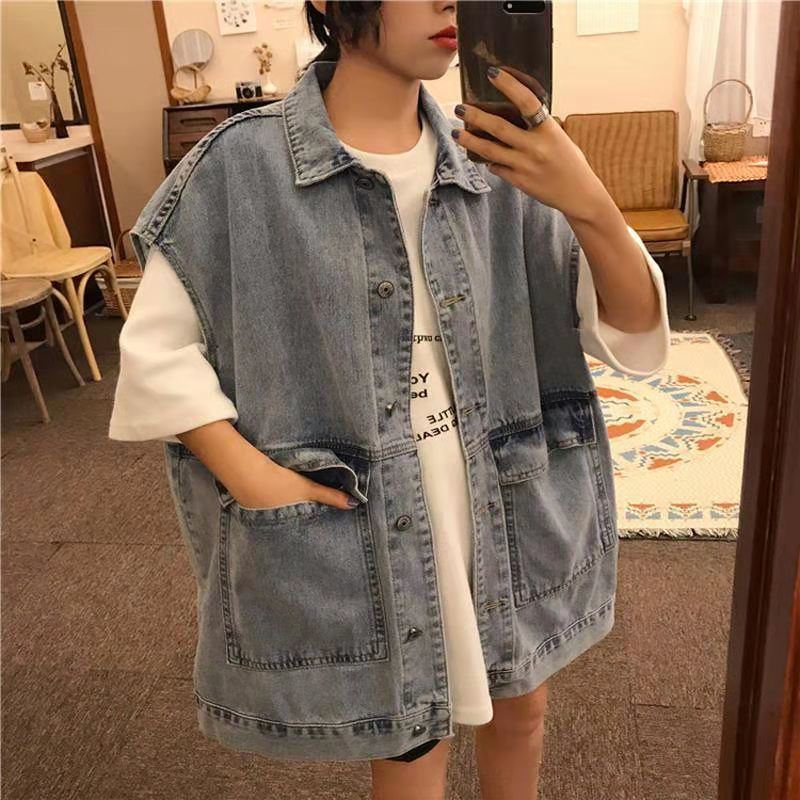 Vesten Vesten Vrouwen Denim Jas Losse Vintage Basic Cool Street Wear Womens Studenten Koreaanse Stijl Alle-Match Cargo Mouwloze: blue / M