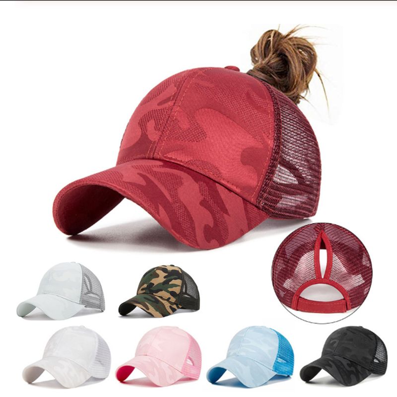 Kvinders sommer trendy hestehale rodet bolle baseball cap hip hop camouflage jacquard åndbar mesh tilbage justerbar snapback hat