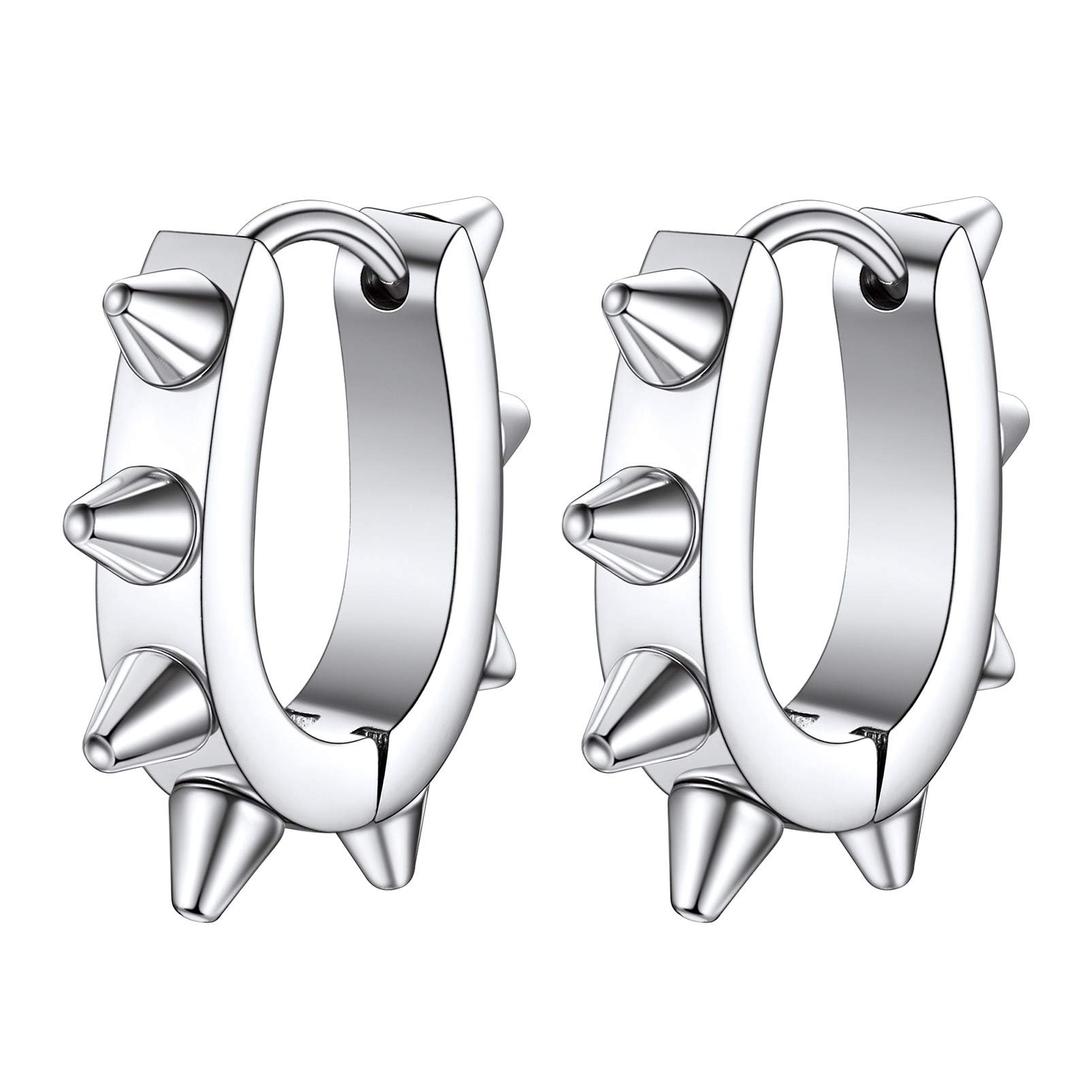 Punk Spike Huggie Hoop Earrings Round/Heart/U Shape Stainless Cartilage Stud Earrings Men Women Cool Gothic Style Chunky Jewelry: U Shape Silver