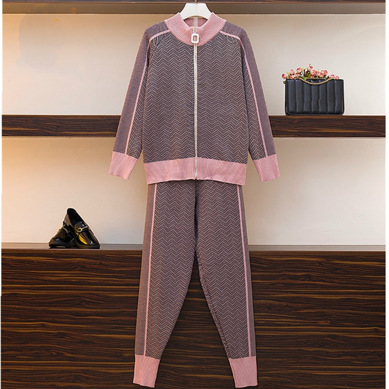 Autumn Women Geometric Knitting Tracksuit Zipper Cardigans jacket+ Pants Female Winter 2pcs Sports Set