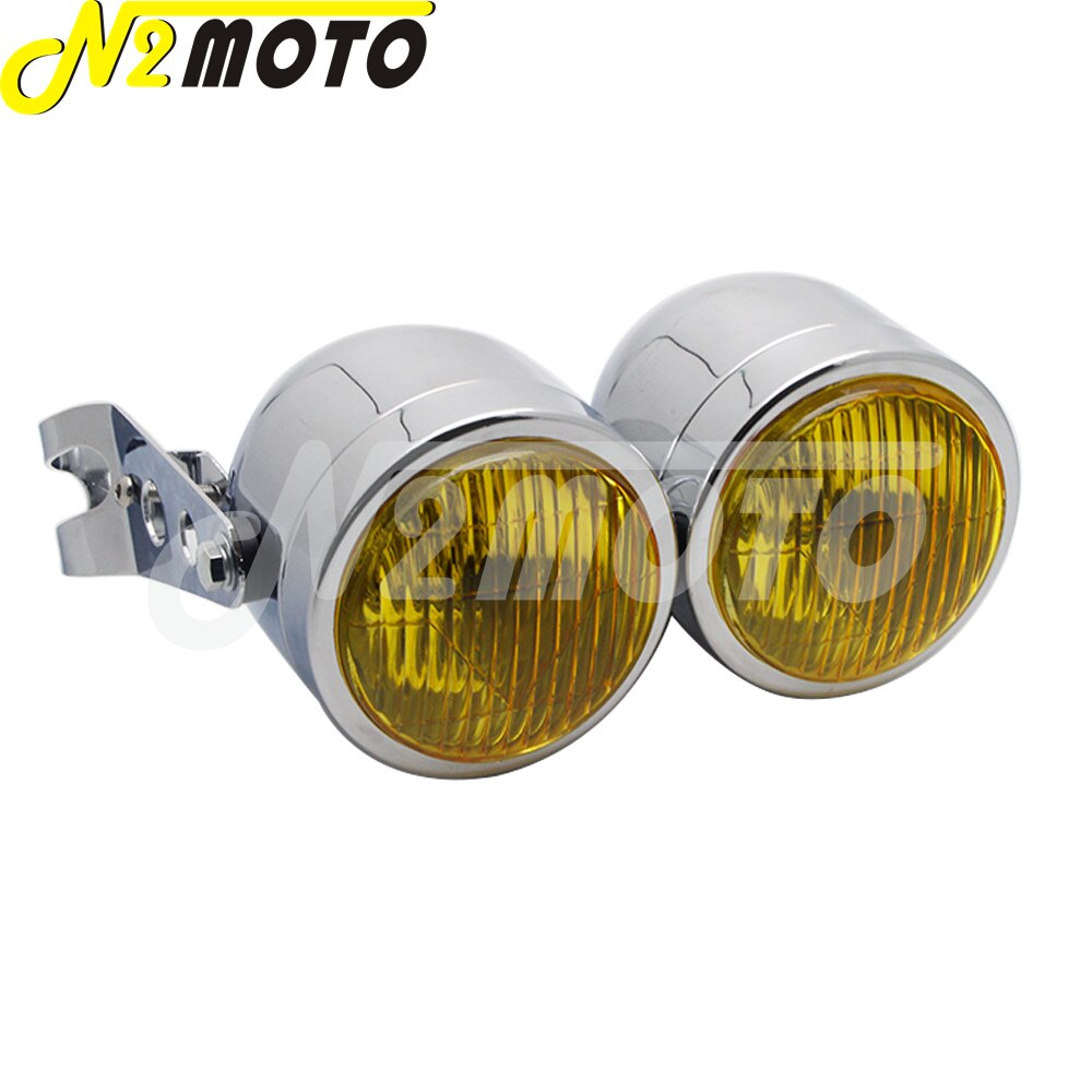 Chrome Amber Motorcycle Retro Twin Headlight Holder Fork Double Dual Head Lamp For Harley Dyna Bobber Chopper Cafe Racer Custom