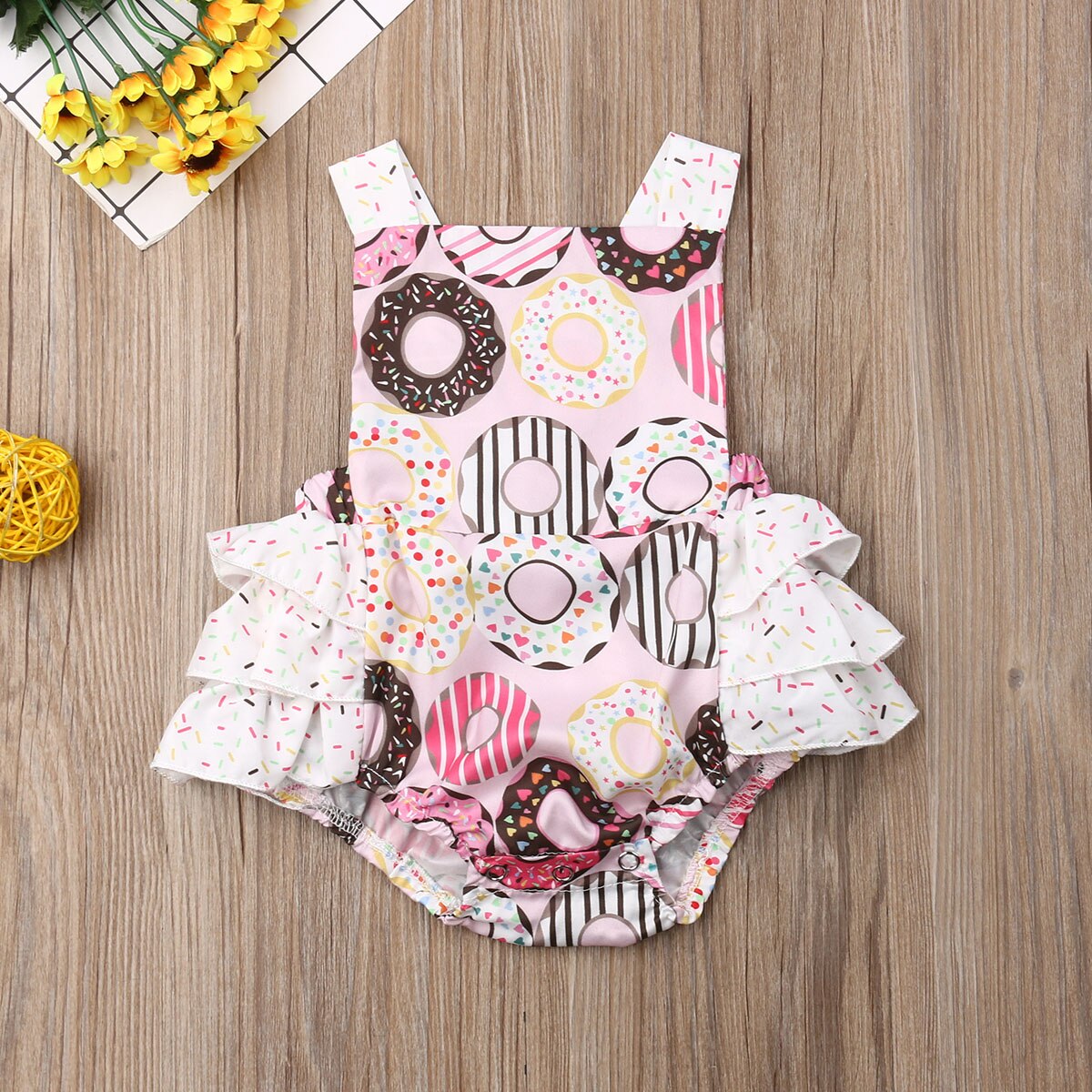 Nieuw Zomer Peuter Baby Meisjes Jongens Bodysuits Ruches Mouwloze Donuts Print Roze Jumpsuits 0-24M