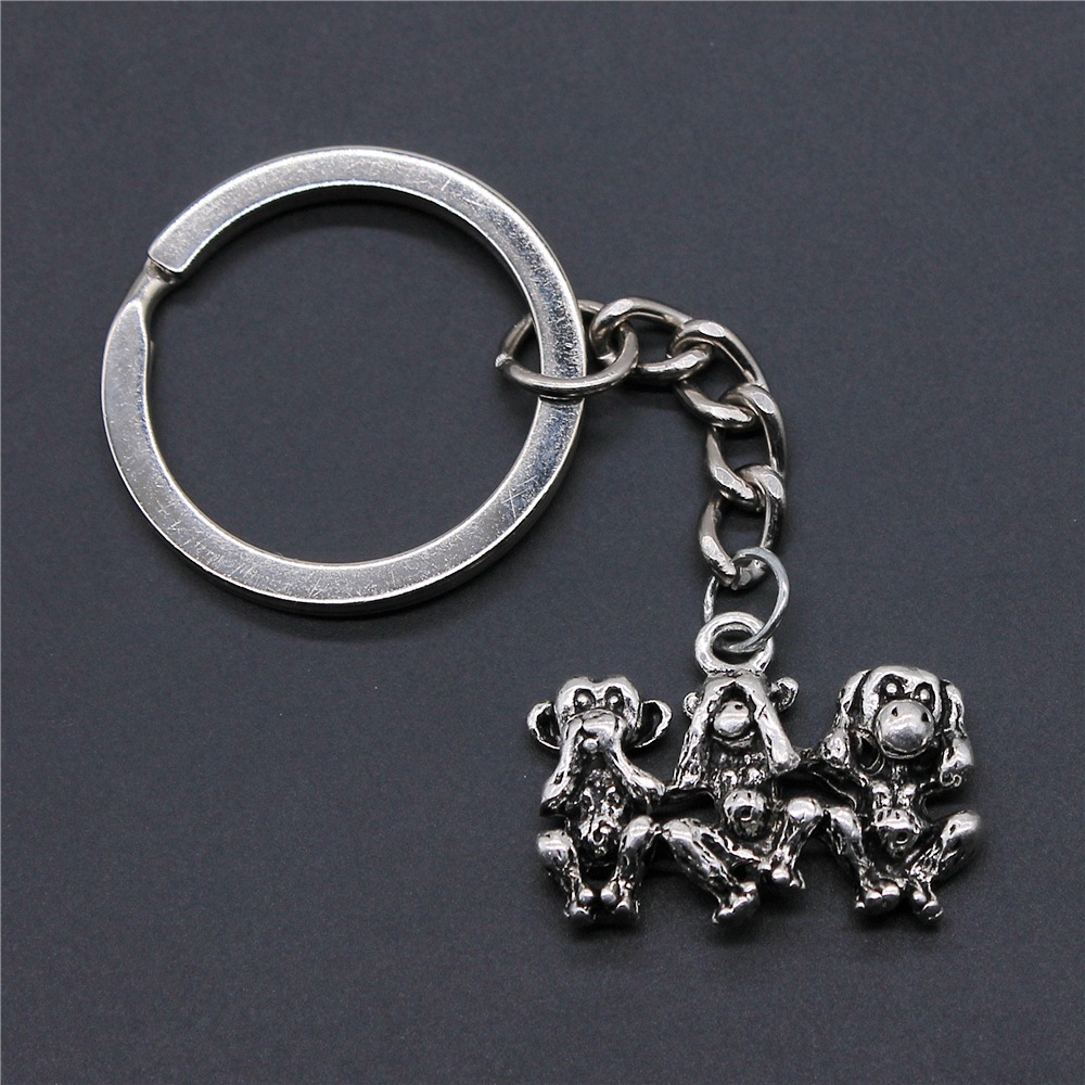 Souvenirs DIY Metal Keychain Holder Antique Silver Color 19x25mm Three Wise Monkeys Pendant Keyring