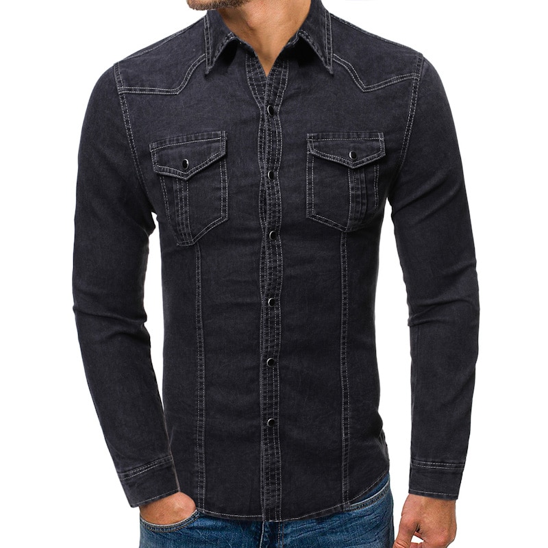 Casual jeansskjorta herr slim fit långärmad 100%  bomull vintage distressed solid skjorta manligt märkeskläder