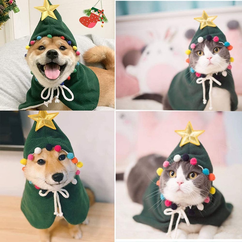 Huisdier Kerst Kostuum Puppy Kerst Mantel Met Ster En Pompoms Santa Hoed Party Cosplay Dress