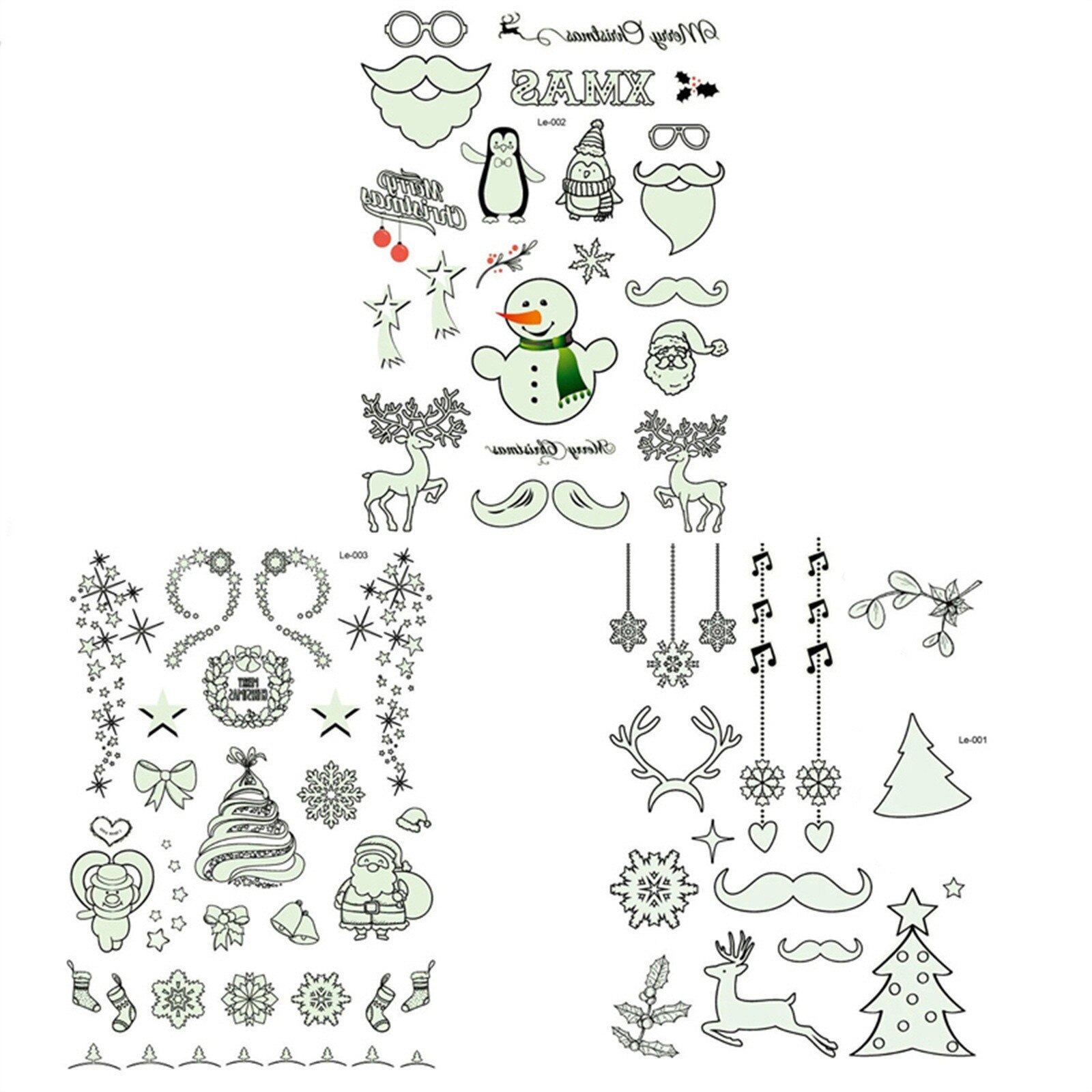 3 Vellen Lichtgevende Kerst Tattoo Stickers Waterdichte Cartoon Sneeuwvlok Xmas Tattoo Voor Volwassenen & Kinderen