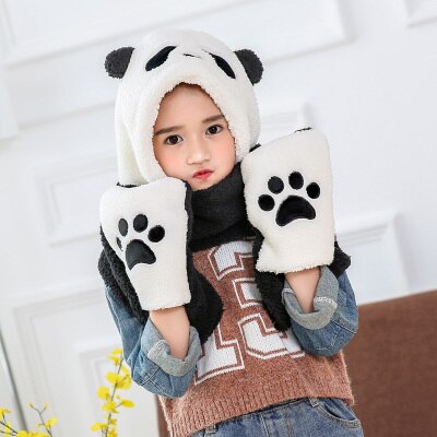 3 in 1 functies dier cartoon koraal fleece sjaal winter mooie panda muts met handschoenen voor kinderen volwassenen kerst: Kinderen wit en zwart
